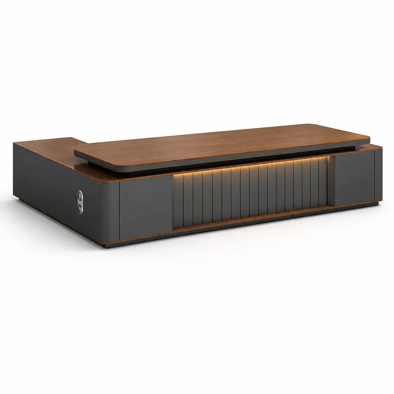 ED-038 executive office desk in walnut and charcoal grey on a white background