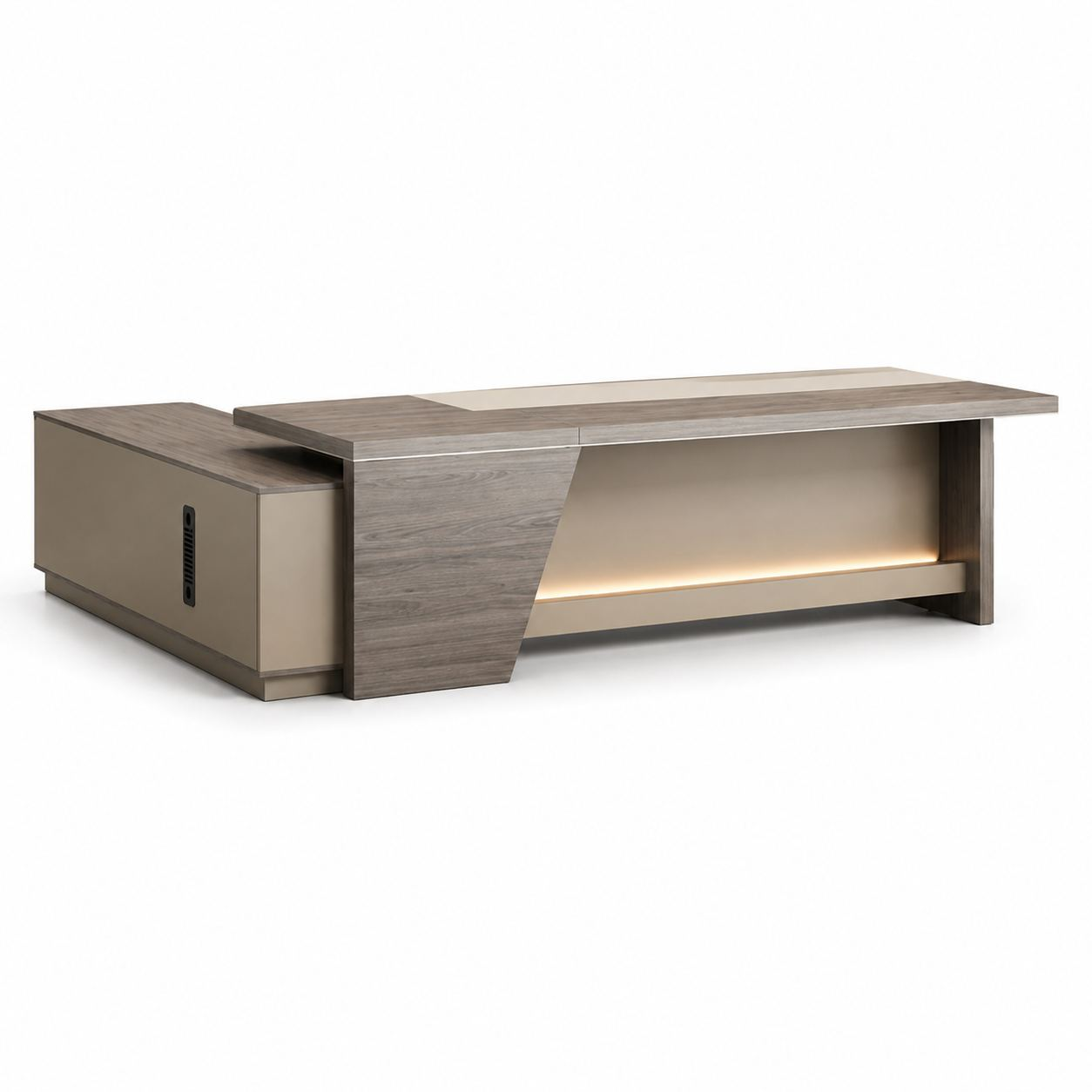 ED-044 executive office desk in walnut and khaki on a white background