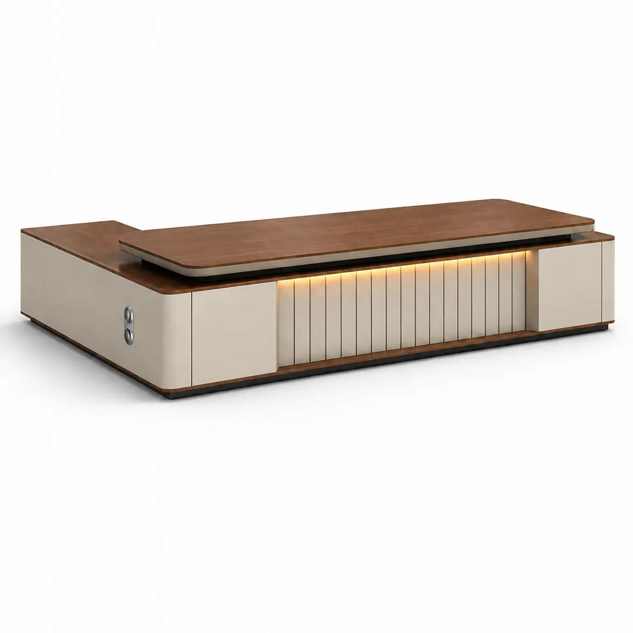 ED-038 executive office desk in walnut and khaki on a white background