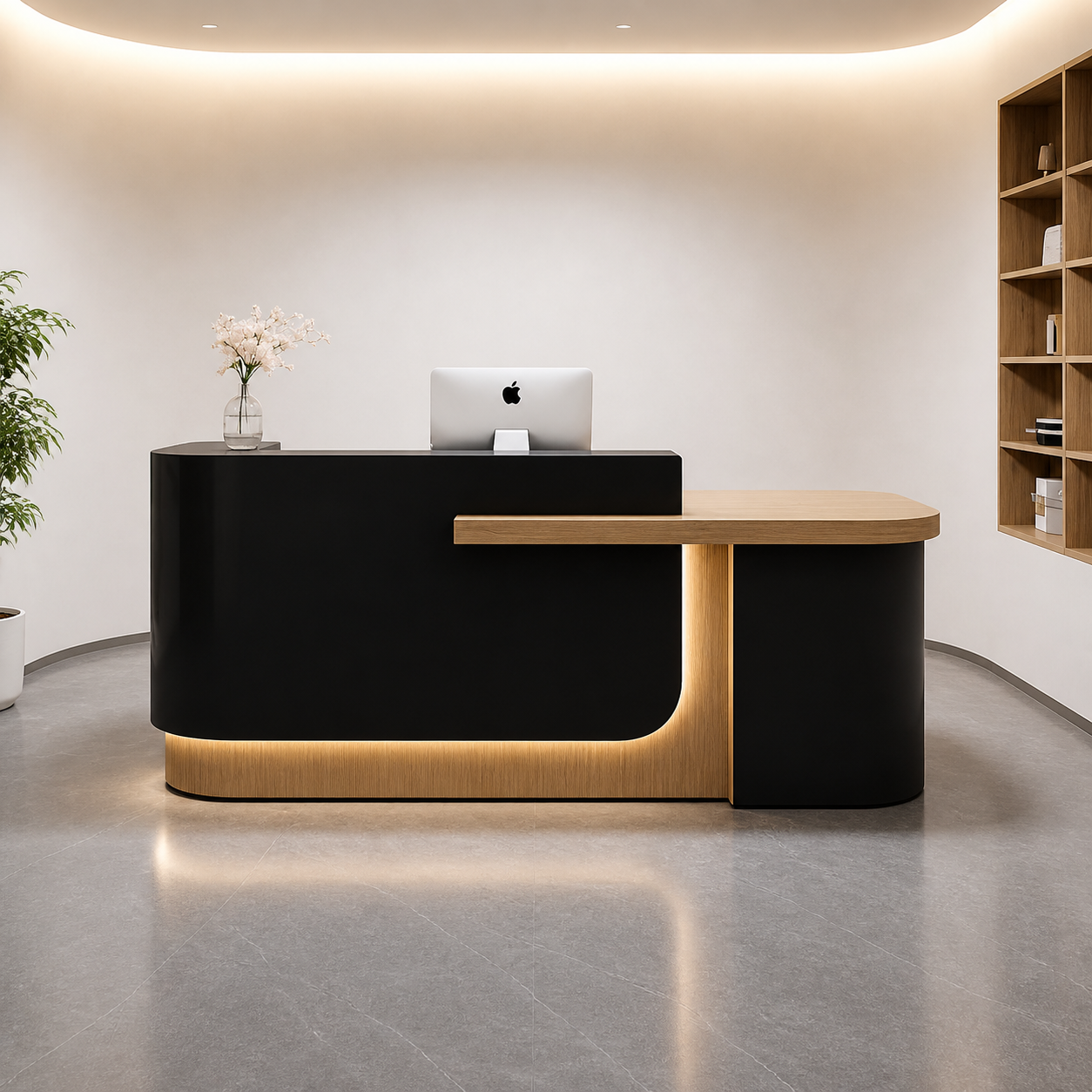 Modern Reception Desk with Curved Front, Wood Cabinet & LED Lighting
