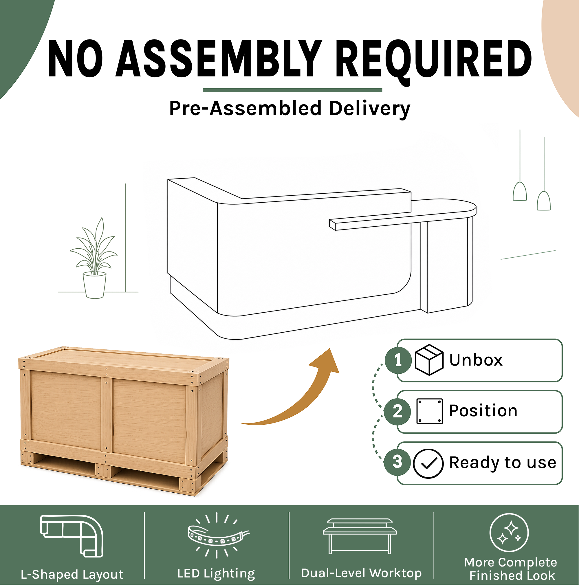 Hospitality Modern L-Shaped Curved Reception Desk with Wood Side Cabinet and LED Base Lighting RD-353