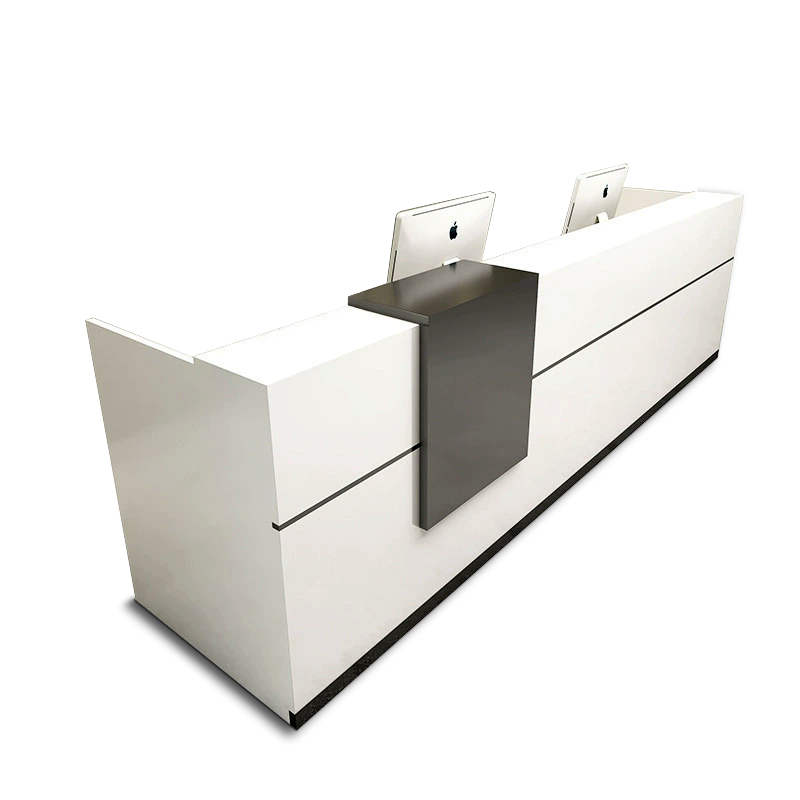 Modern White Dual Workstation Reception Desk with Black Trim and Storage for Lobby