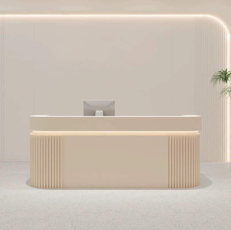 Modern Fluted Beige Reception Desk with LED Lighting for Dessert Shop