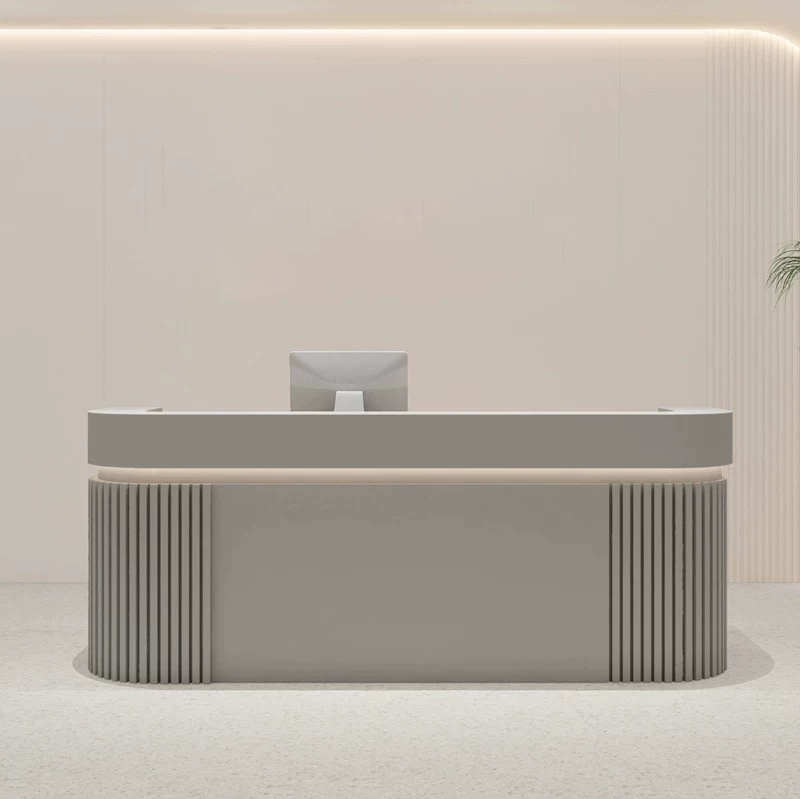Modern Fluted Grey Reception Desk with LED Lighting for Dessert Shop