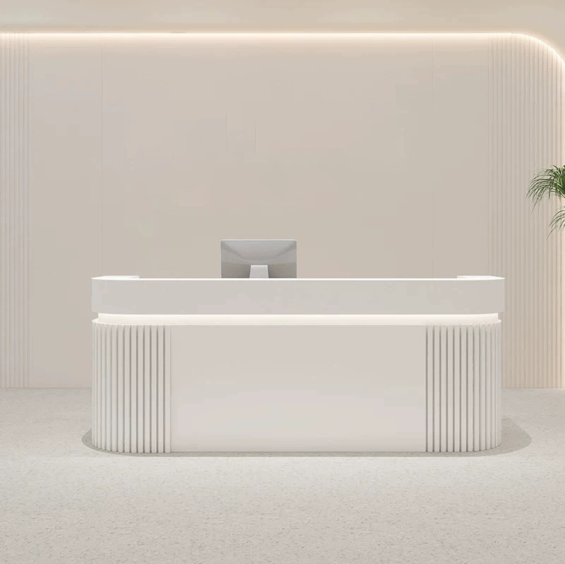 Modern Fluted White Reception Desk with LED Lighting for Dessert Shop