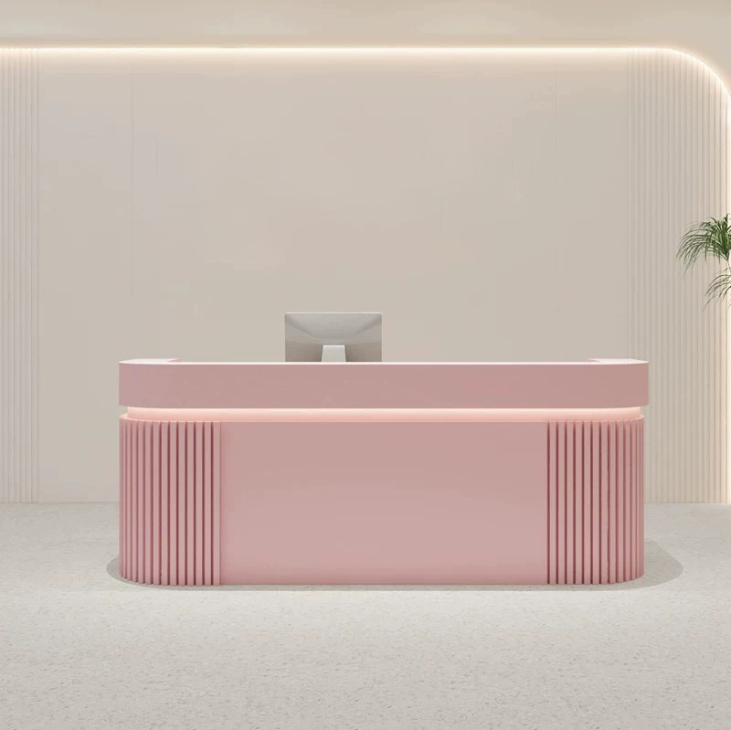 Modern Fluted Pink Reception Desk with LED Lighting for Dessert Shop