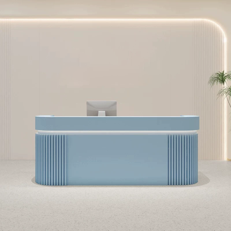 Modern Fluted Blue Reception Desk with LED Lighting for Dessert Shop
