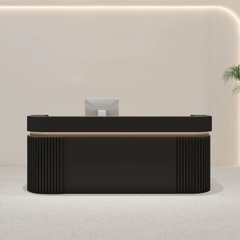 Modern Fluted Black Reception Desk with LED Lighting for Dessert Shop