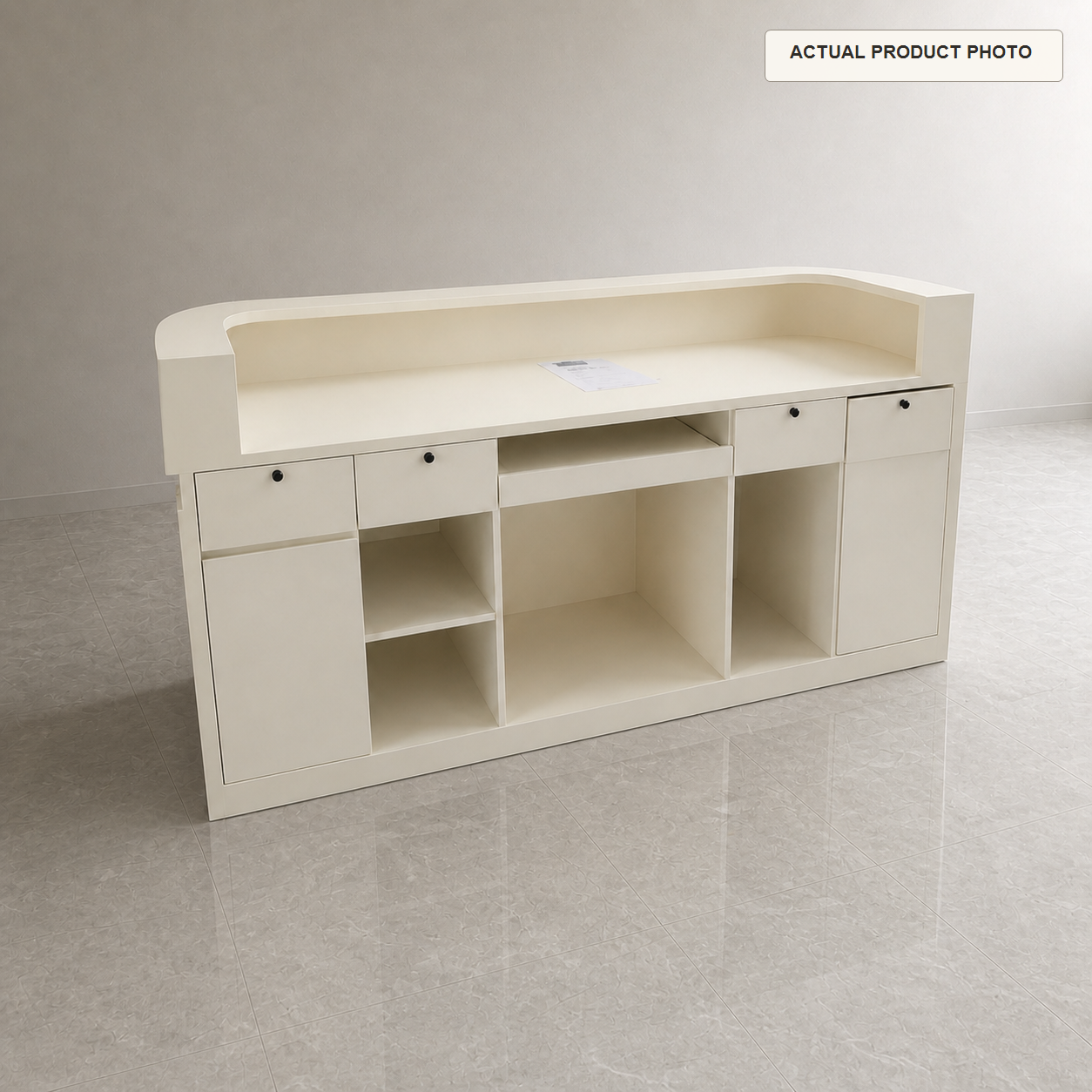 Fluted reception counter interior service-side view