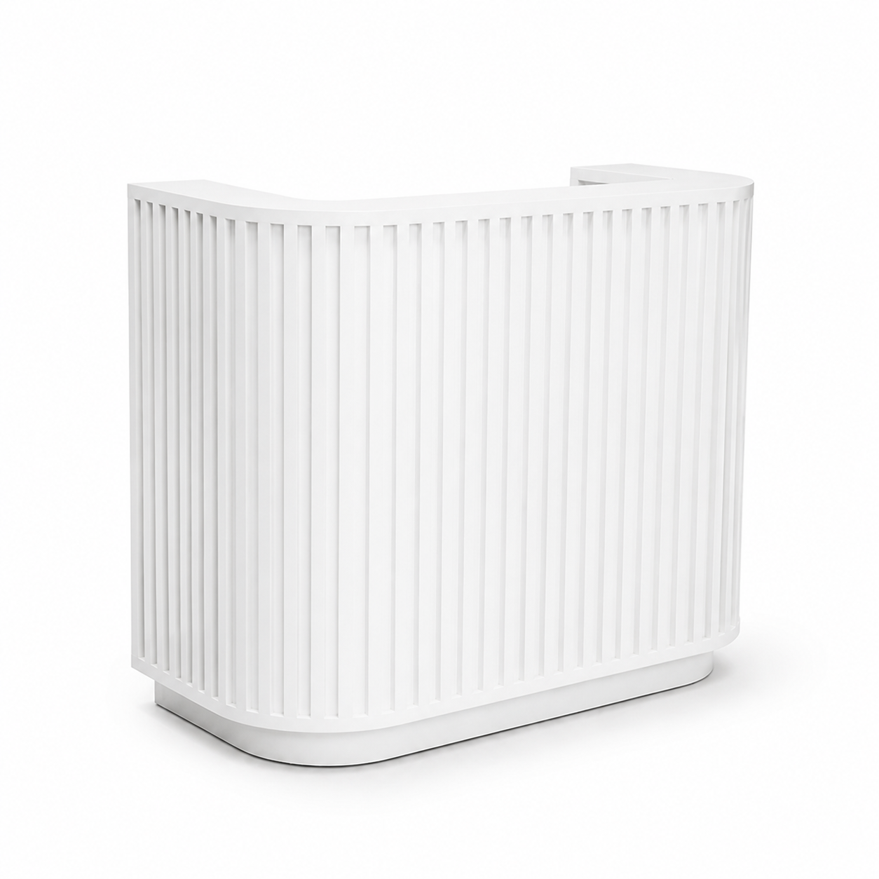 White curved fluted reception desk, front three-quarter view