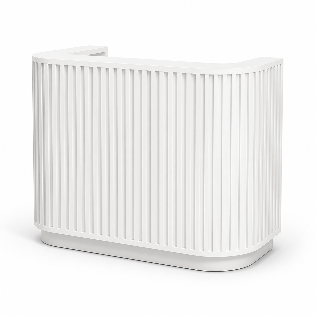 White curved fluted reception desk, wide front view