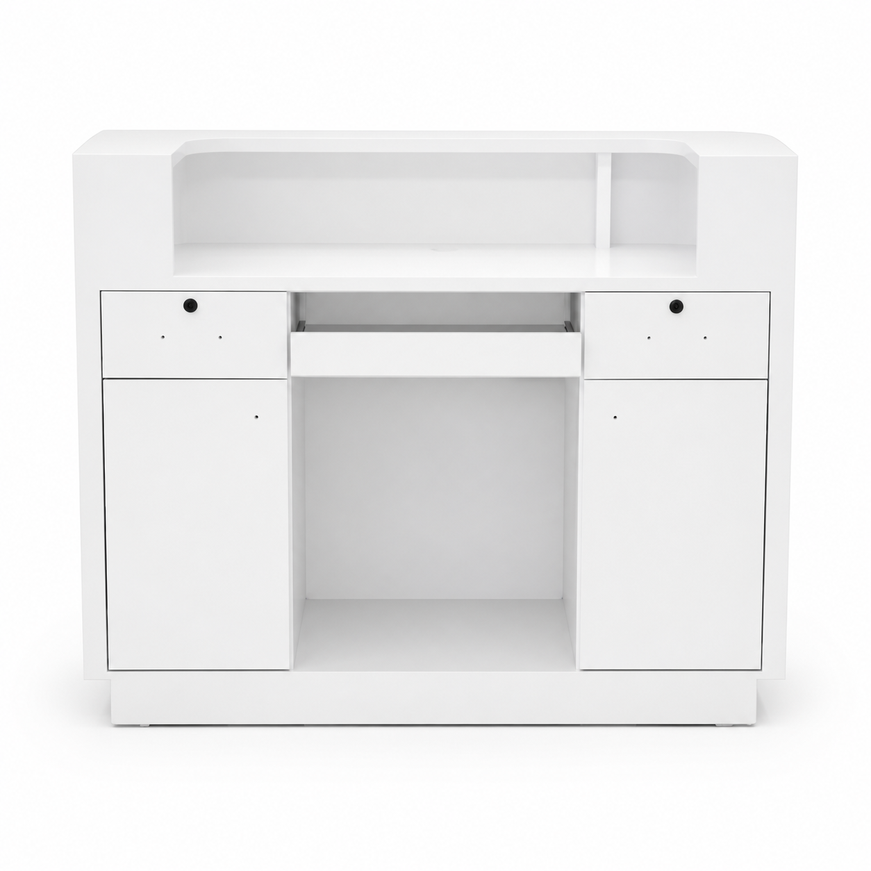 White curved fluted reception desk, service-side storage view