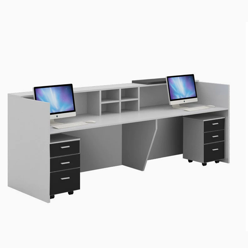 Modern White Dual Workstation Reception Desk with Black Trim and Storage for Lobby Internal diagram
