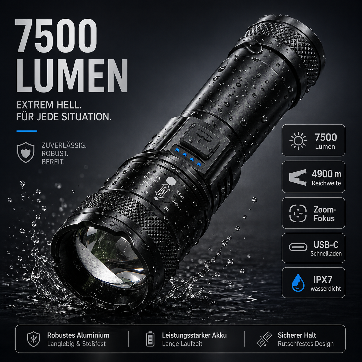 🔦☀️Super Strong Light Zoomable Flashlight