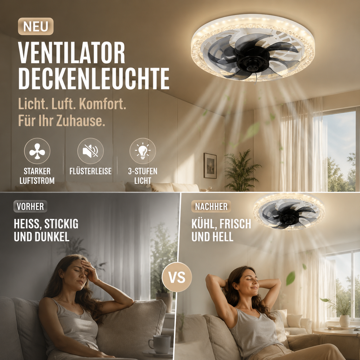 💨 2-in-1-Lautloser, verstellbarer Ventilator mit Fernbedienung und Licht fürs Schlafzimmer