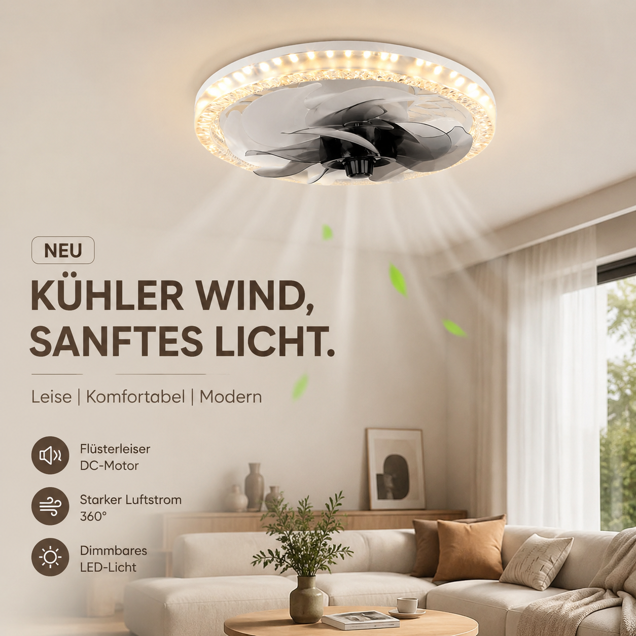 💨 2-in-1-Lautloser, verstellbarer Ventilator mit Fernbedienung und Licht fürs Schlafzimmer