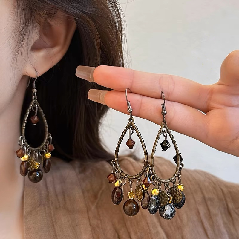 Vintage Boho Beaded Tassel Drop Earrings, Retro Open Teardrop Frame Natural Stone Dangle Earrings, Ethnic Bohemian Long Dangle Jewelry for Women