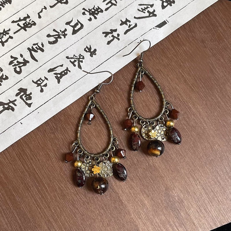 Vintage Boho Beaded Tassel Drop Earrings, Retro Open Teardrop Frame Natural Stone Dangle Earrings, Ethnic Bohemian Long Dangle Jewelry for Women