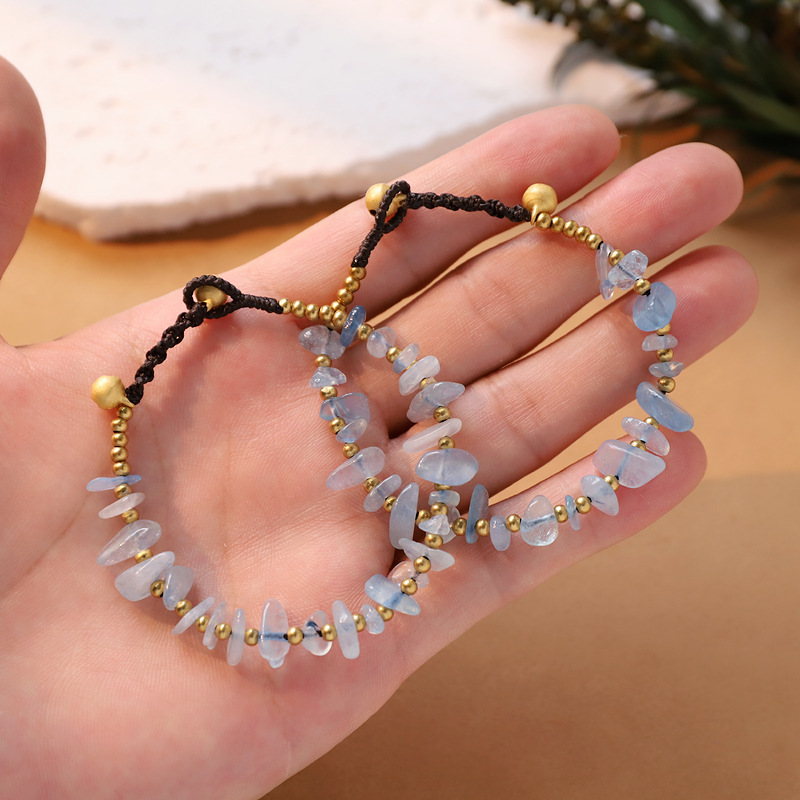 Handmade Braided Natural Crystal Chip Bracelet, Irregular Amethyst Aquamarine Gemstone Adjustable Beaded Bracelets, Stackable Boho Bracelets for Women Men Gift