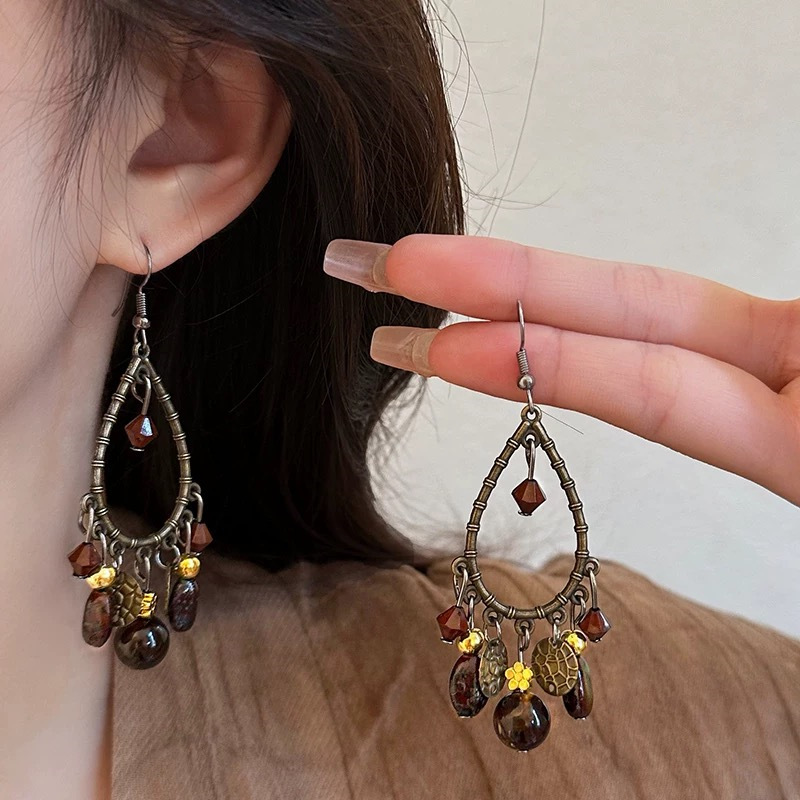 Vintage Boho Beaded Tassel Drop Earrings, Retro Open Teardrop Frame Natural Stone Dangle Earrings, Ethnic Bohemian Long Dangle Jewelry for Women