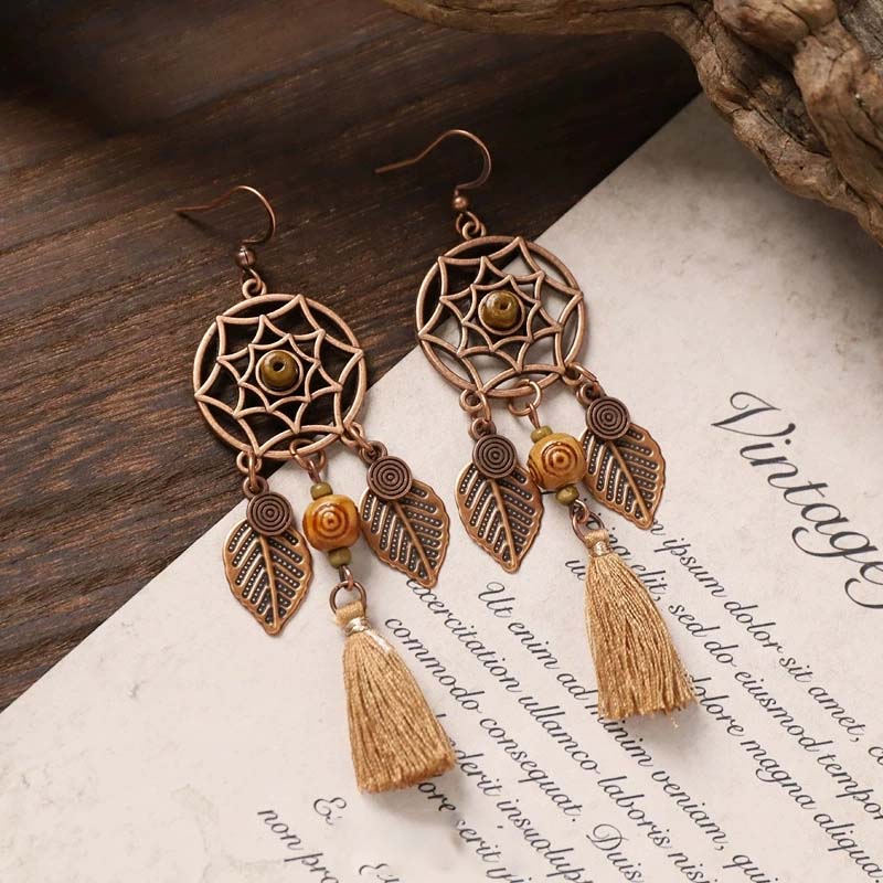 Vintage Dreamcatcher Tassel Drop Earrings, Antique Copper Hollow Leaf & Faux Wood Bead Bohemian Dangle Earrings, Ethnic Hippie Statement Jewelry for Women Beach Festival Gift