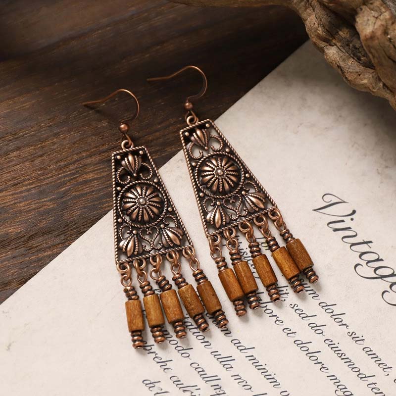 Vintage Triangular Floral Filigree Dangle Earrings, Antique Copper Embossed Flower with Faux Wood Bead Tassel Drop Earrings, Bohemian Ethnic Hippie Statement Jewelry for Women Festival Beach Gift