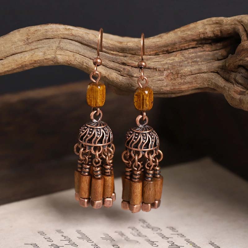 Vintage Bohemian Dome Filigree Drop Earrings, Antique Copper Carved Cap with Faux Tiger Eye & Wood Bead Tassel Earrings, Ethnic Tribal Hippie Statement Jewelry for Women Festival Beach Gift