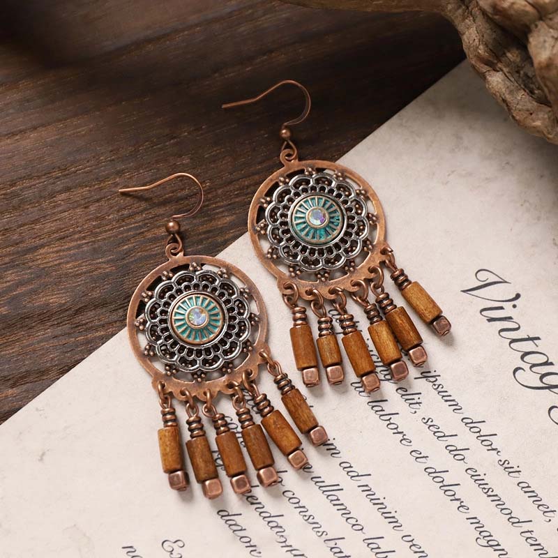 Vintage Boho Round Filigree Dangle Earrings, Antique Copper Turquoise Enamel Inlay with Faux Wood Bead Tassel Drop Earrings, Ethnic Tribal Hippie Statement Jewelry for Women Beach Festival Gift