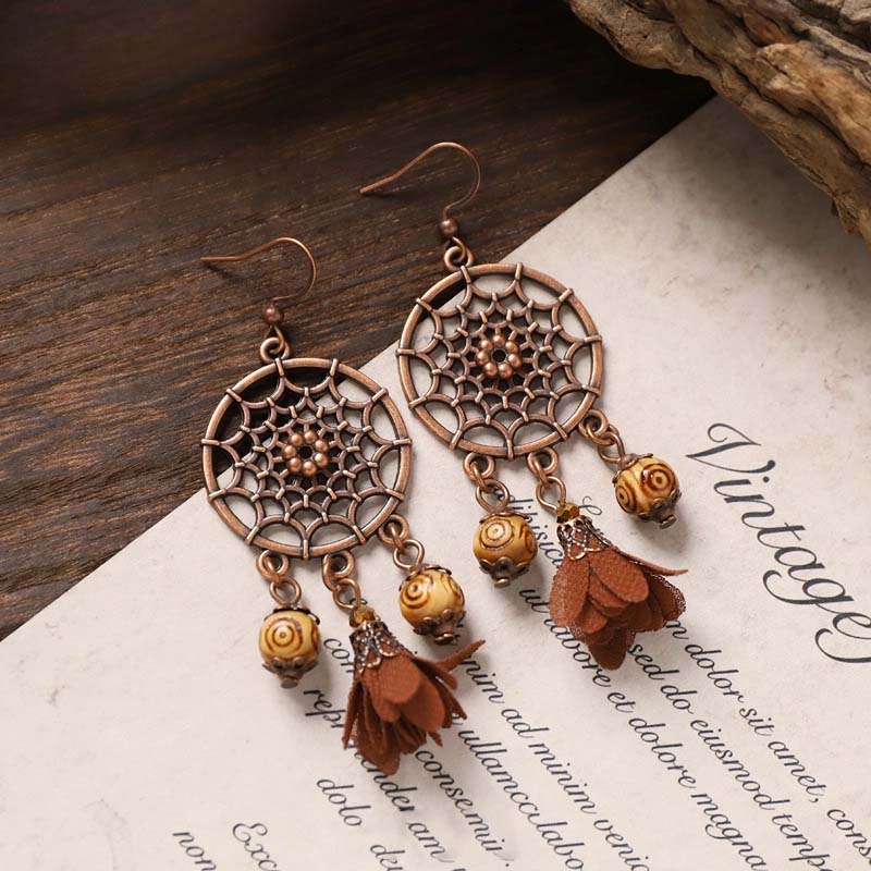Vintage Openwork Dreamcatcher Drop Earrings, Antique Copper Faux Wood Swirl Bead & Brown Fabric Flower Tassel Earrings, Bohemian Ethnic Hippie Statement Jewelry for Women Beach Festival Gift