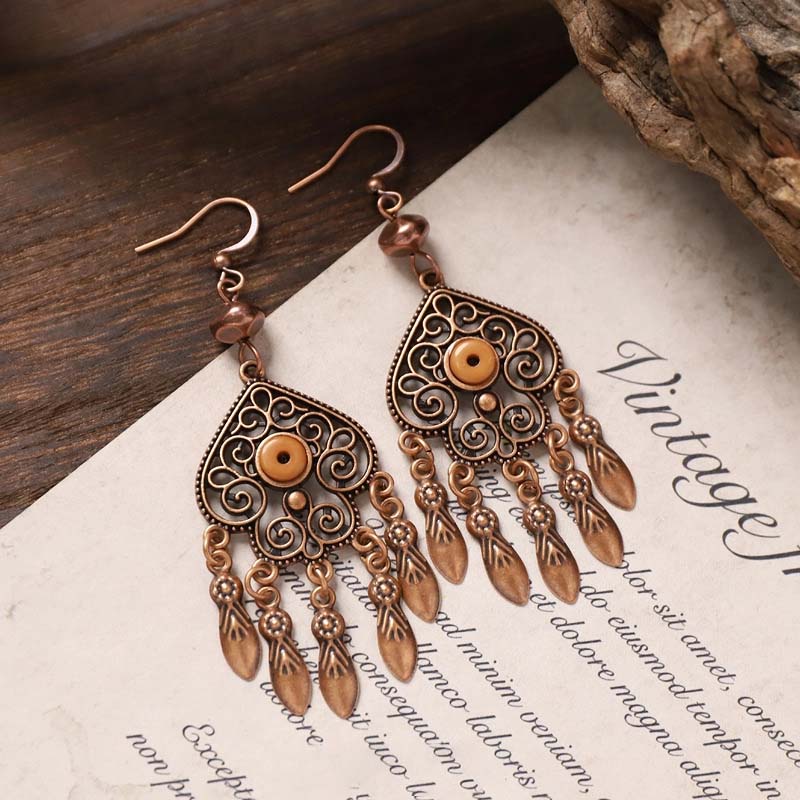 Vintage Heart Filigree Drop Earrings, Antique Copper Swirl Openwork with Faux Wood Bead & Embossed Leaf Tassel Dangle Earrings, Bohemian Ethnic Western Hippie Statement Jewelry for Women Beach Festival Gift