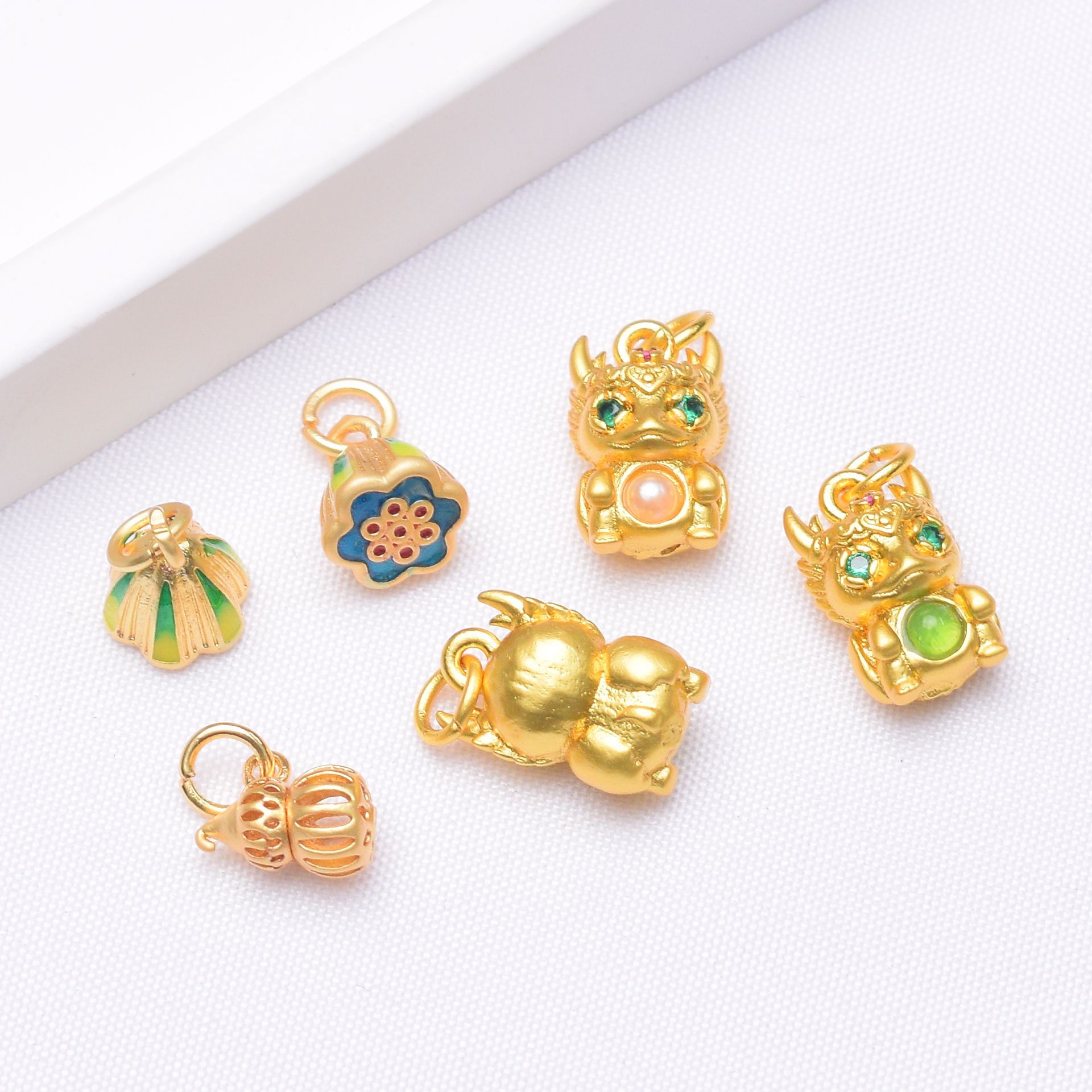 Wholesale Anti-Tarnish Ancient Gold Enamel Dangle Charms, 12 Styles Dragon Pixiu/Lotus/Fu Blessing Small Pendants Pack of 10 for DIY Bracelet Necklace Jewelry Making Findings