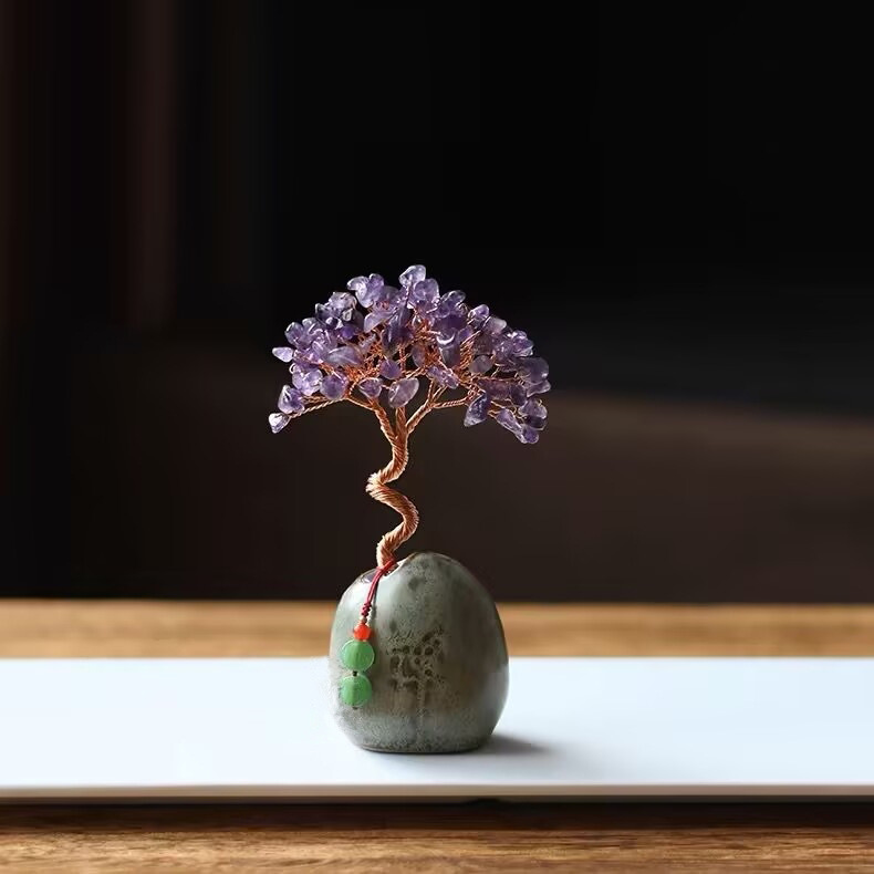 Natural Amethyst Citrine Crystal Money Tree Ornament, Handmade Copper Wire Fortune Tree with Ceramic Base, Mini Desk Decor for Home Office Tea Table, Lucky Wealth Feng Shui Gift