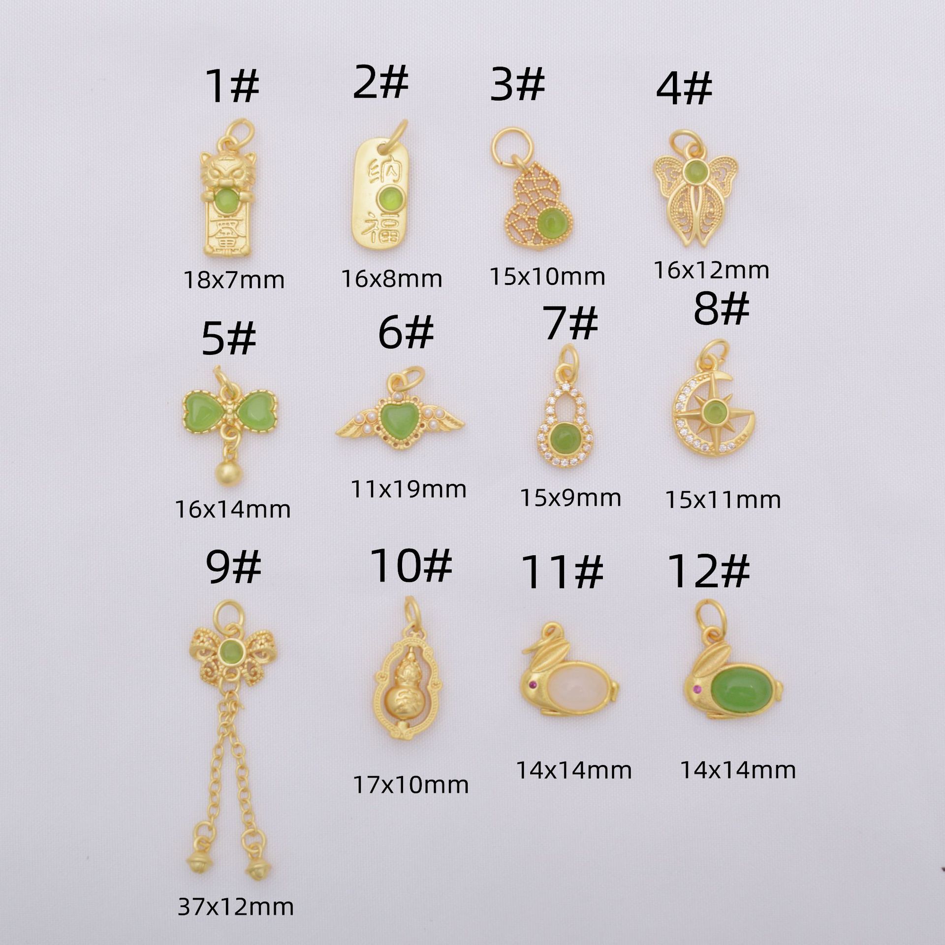 Wholesale Anti-Tarnish Ancient Gold Inlaid Green Jade Drop Dangle Charms, 12 Styles Lucky Rabbit/Butterfly/Moon/Gourd Pendants Pack of 10 for DIY Bracelet Necklace Jewelry Making Findings