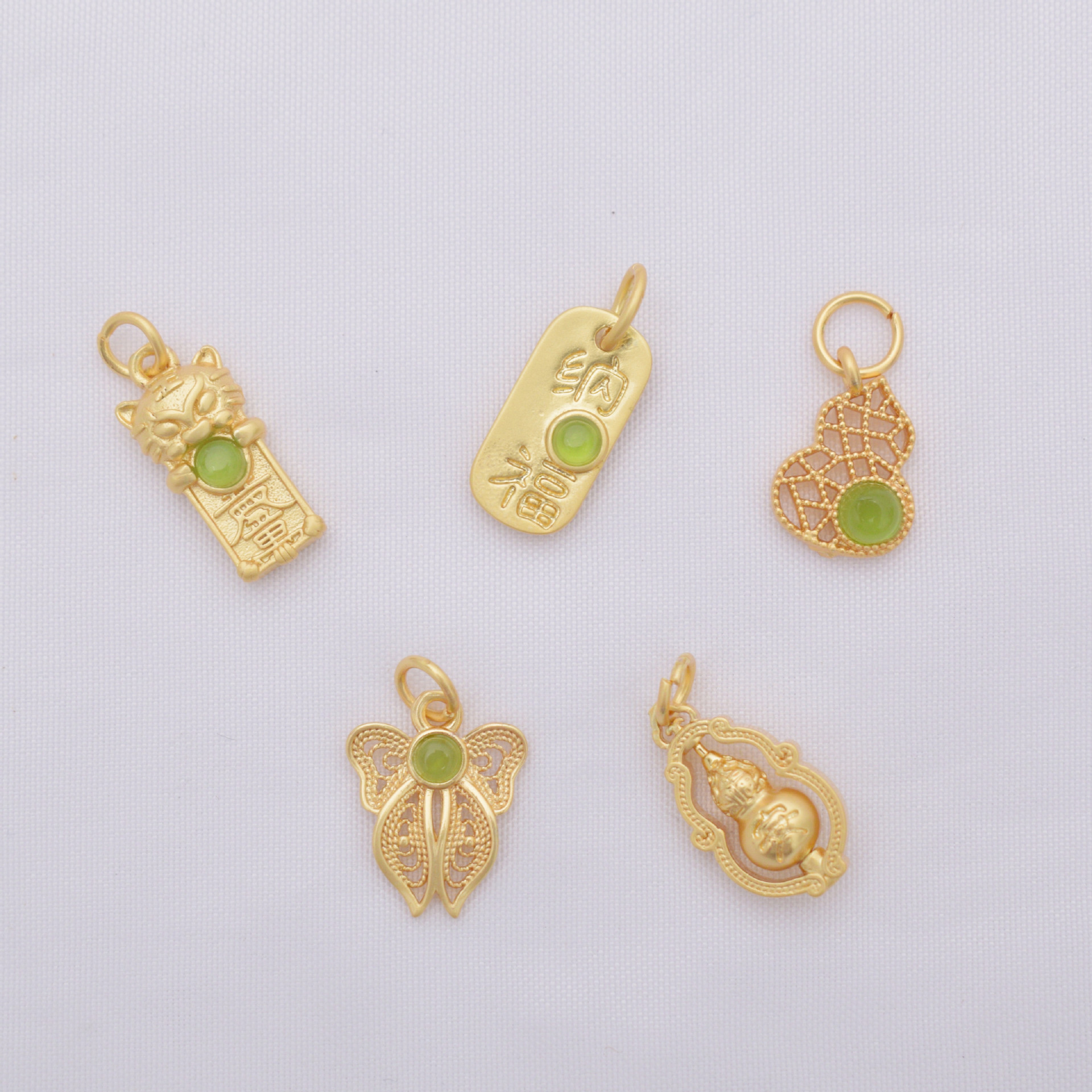 Wholesale Anti-Tarnish Ancient Gold Inlaid Green Jade Drop Dangle Charms, 12 Styles Lucky Rabbit/Butterfly/Moon/Gourd Pendants Pack of 10 for DIY Bracelet Necklace Jewelry Making Findings