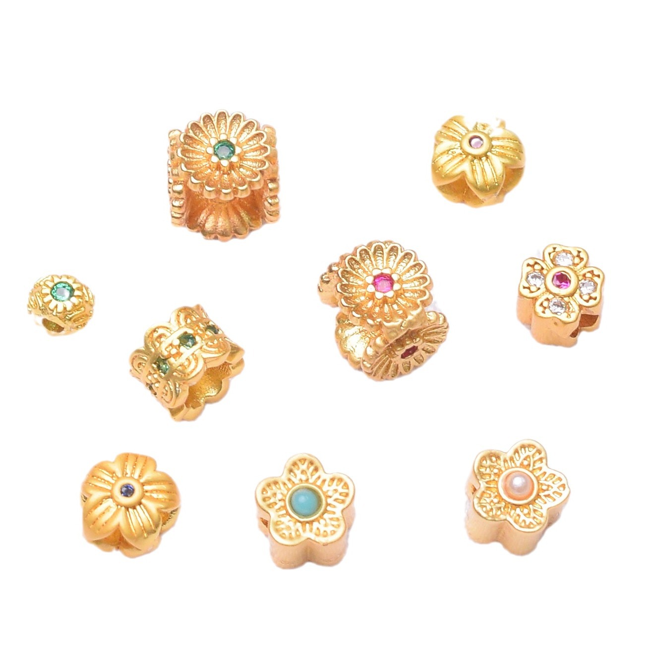 Wholesale Anti-Tarnish Ancient Gold Inlaid Zircon Flower Spacer Beads, 9 Styles Clover Floral Tube Beads Pack of 10 for DIY Bracelet Braided Rope Jewelry Making Findings