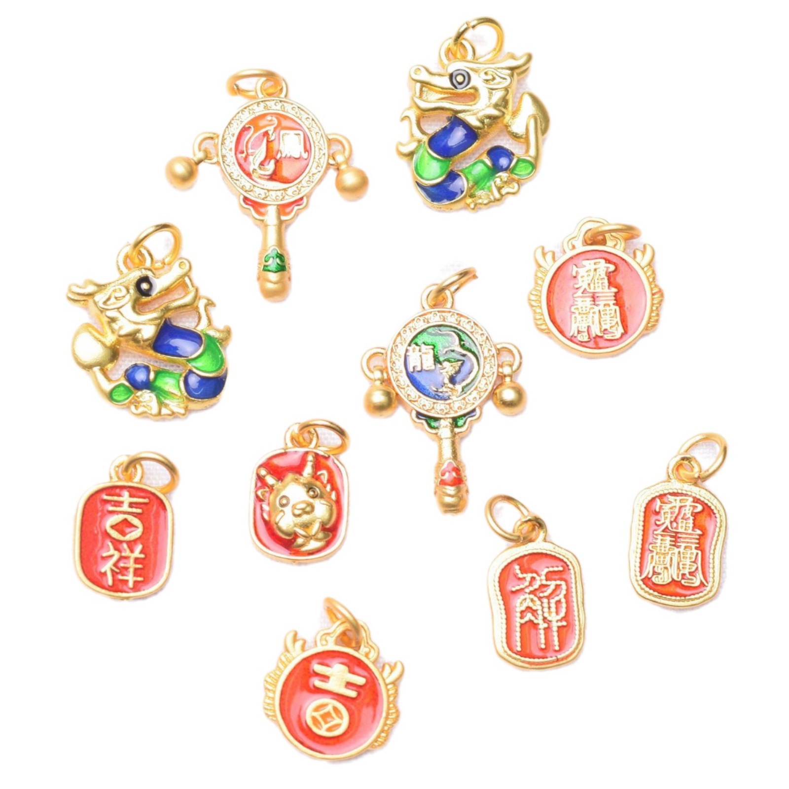 Wholesale Anti-Tarnish Sand Gold Enamel Dragon Charms, Chinese Zodiac Dragon Dumpling/Taisui Pendant Pack of 10 for DIY Bracelet Necklace Jewelry Making Findings