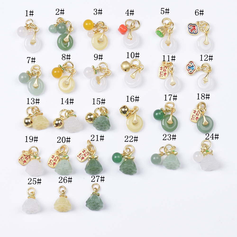 Wholesale Anti-Tarnish Ancient Gold Enamel Charms, Natural Chalcedony Ping An Buckle & Lotus Seed Pod Drop Pendants Pack of 10 for DIY Bracelet Necklace Jewelry Making Findings