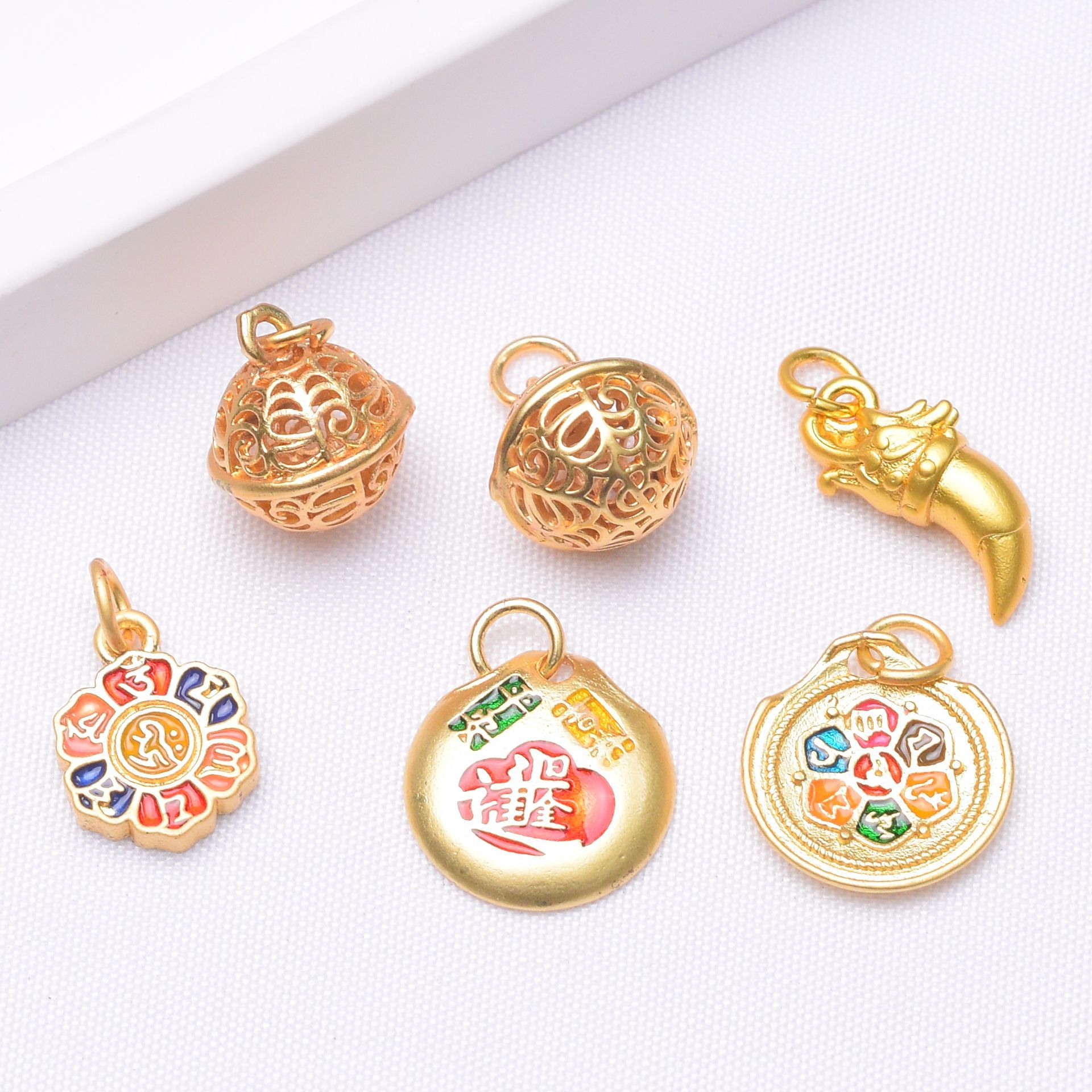 Wholesale Anti-Tarnish Ancient Gold Enamel Dangle Charms, 12 Styles Dragon Pixiu/Lotus/Fu Blessing Small Pendants Pack of 10 for DIY Bracelet Necklace Jewelry Making Findings