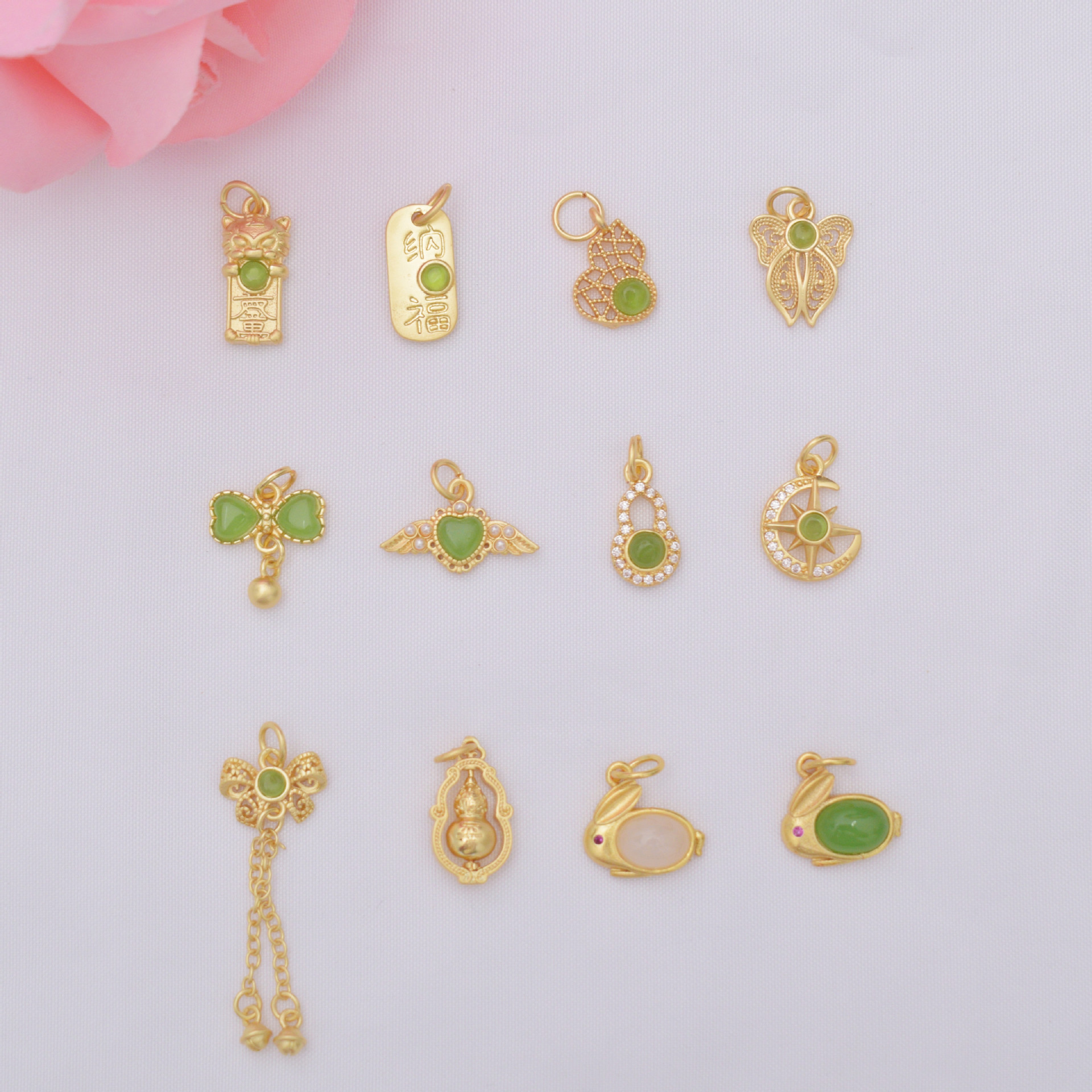 Wholesale Anti-Tarnish Ancient Gold Inlaid Green Jade Drop Dangle Charms, 12 Styles Lucky Rabbit/Butterfly/Moon/Gourd Pendants Pack of 10 for DIY Bracelet Necklace Jewelry Making Findings
