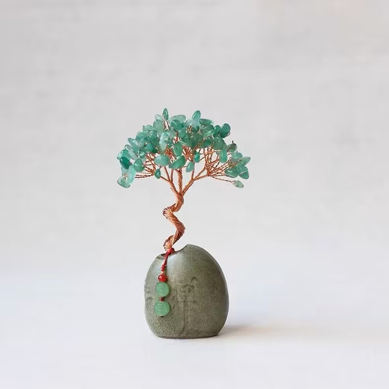 Natural Amethyst Citrine Crystal Money Tree Ornament, Handmade Copper Wire Fortune Tree with Ceramic Base, Mini Desk Decor for Home Office Tea Table, Lucky Wealth Feng Shui Gift