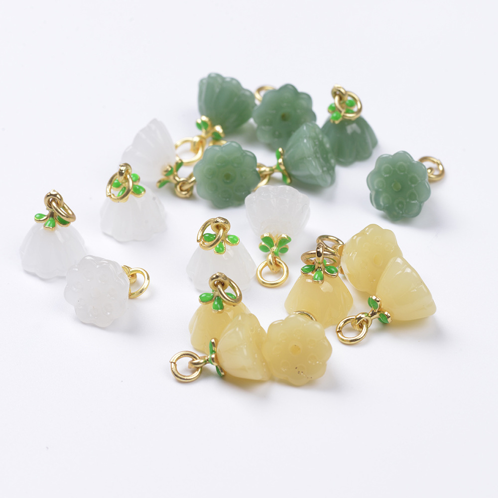 Wholesale Anti-Tarnish Ancient Gold Enamel Charms, Natural Chalcedony Ping An Buckle & Lotus Seed Pod Drop Pendants Pack of 10 for DIY Bracelet Necklace Jewelry Making Findings