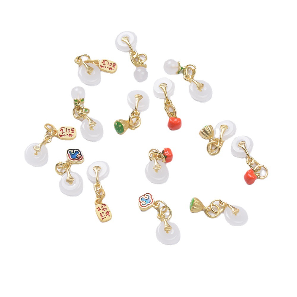 Wholesale Anti-Tarnish Ancient Gold Enamel Charms, Natural Chalcedony Ping An Buckle & Lotus Seed Pod Drop Pendants Pack of 10 for DIY Bracelet Necklace Jewelry Making Findings