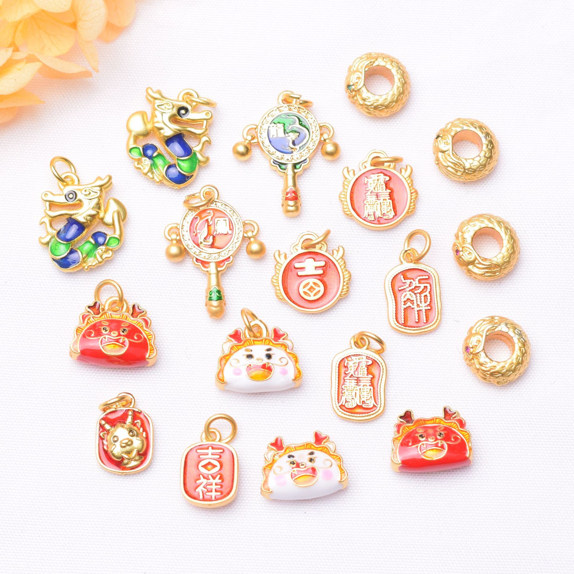Wholesale Anti-Tarnish Sand Gold Enamel Dragon Charms, Chinese Zodiac Dragon Dumpling/Taisui Pendant Pack of 10 for DIY Bracelet Necklace Jewelry Making Findings