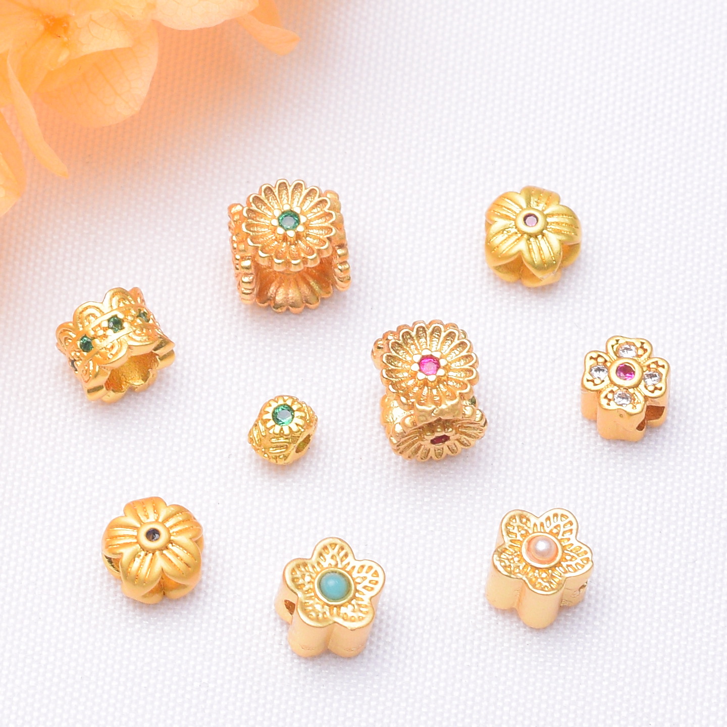 Wholesale Anti-Tarnish Ancient Gold Inlaid Zircon Flower Spacer Beads, 9 Styles Clover Floral Tube Beads Pack of 10 for DIY Bracelet Braided Rope Jewelry Making Findings