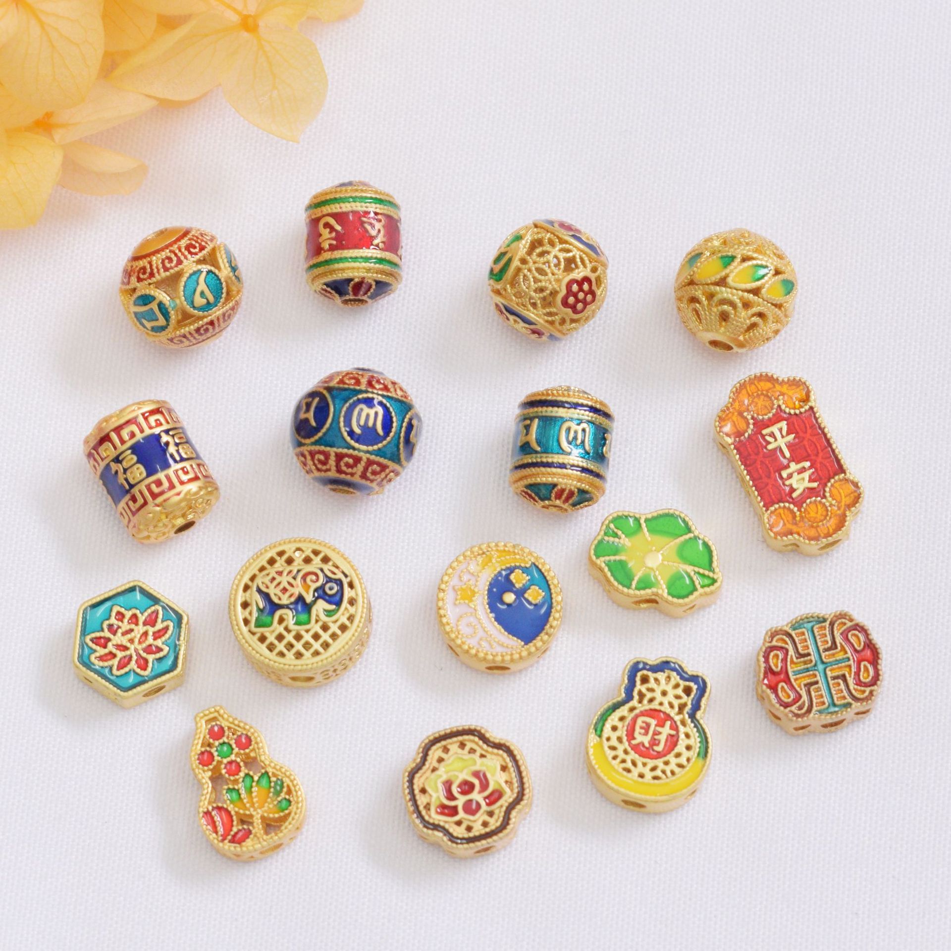 Wholesale Anti-Tarnish Ancient Gold Six-Character Mantra Hollow Spacer Beads, Enamel Lotus Leaf Flower Beads Pack of 10 for DIY Bracelet Pendant Jewelry Making