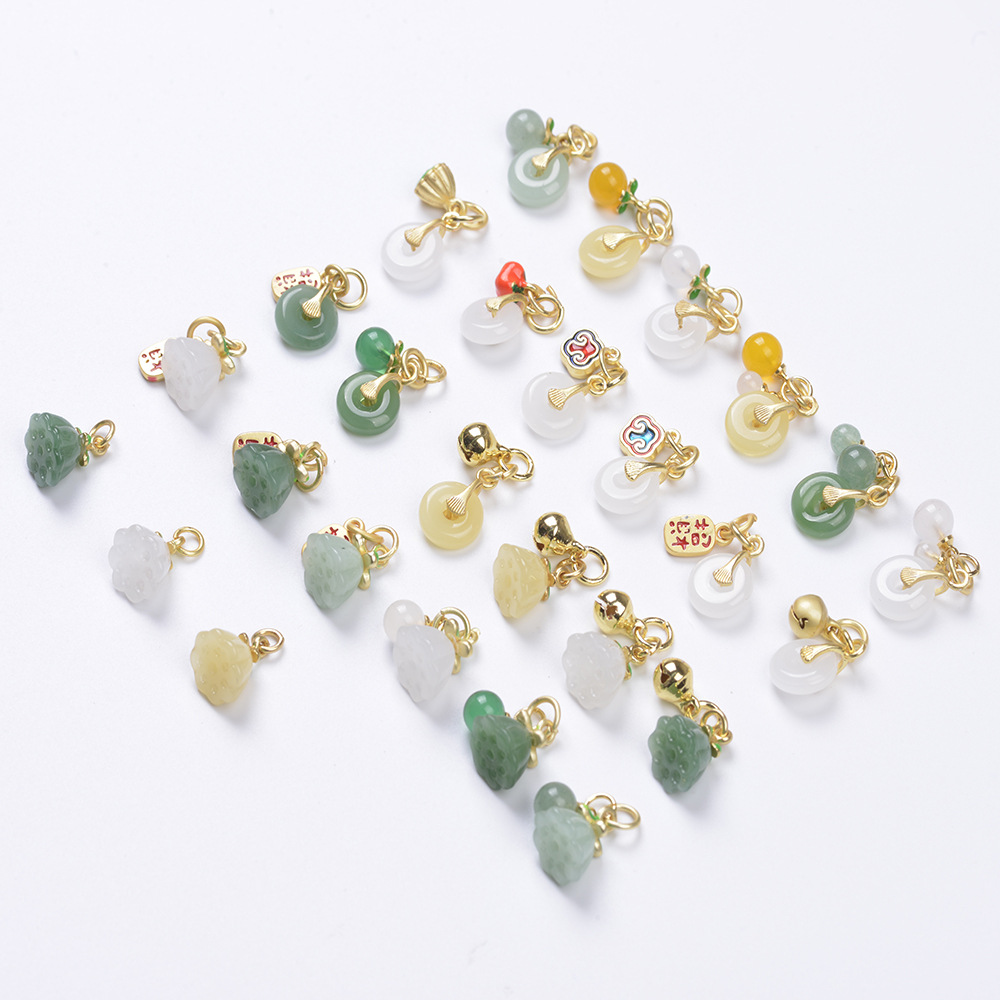 Wholesale Anti-Tarnish Ancient Gold Enamel Charms, Natural Chalcedony Ping An Buckle & Lotus Seed Pod Drop Pendants Pack of 10 for DIY Bracelet Necklace Jewelry Making Findings