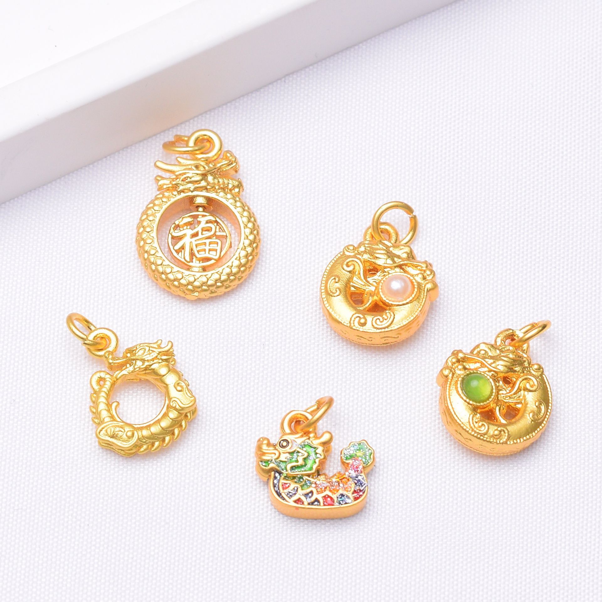 Wholesale Anti-Tarnish Ancient Gold Enamel Dragon Charms, 15 Styles Zodiac Dragon/Ping An Lock/Lotus Tassel Drop Pendants Pack of 10 for DIY Bracelet Necklace Jewelry Making Findings