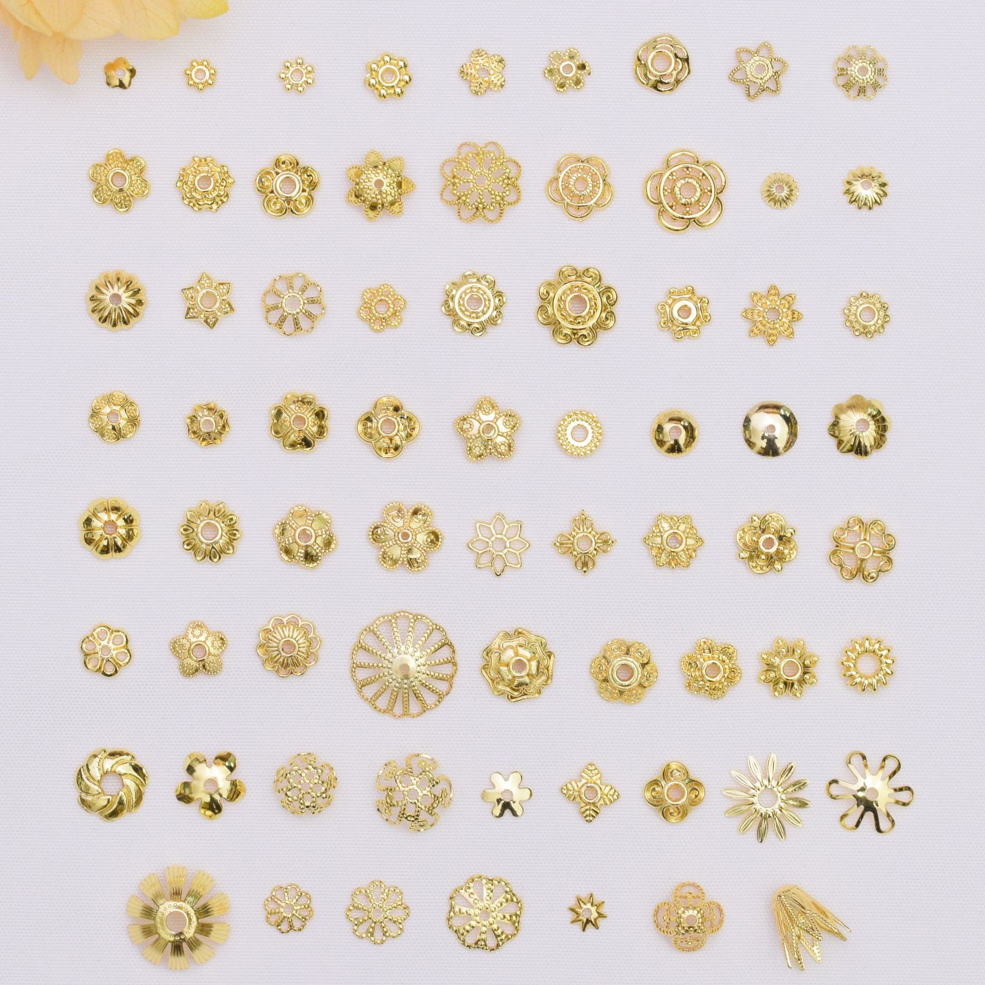 Wholesale Anti-Tarnish 14K Gold Plated Flower Bead Caps,70 Styles Hollow Filigree Floral Spacer Bead End Caps Pack of 100 for DIY Bracelet Necklace Jewelry Making Findings