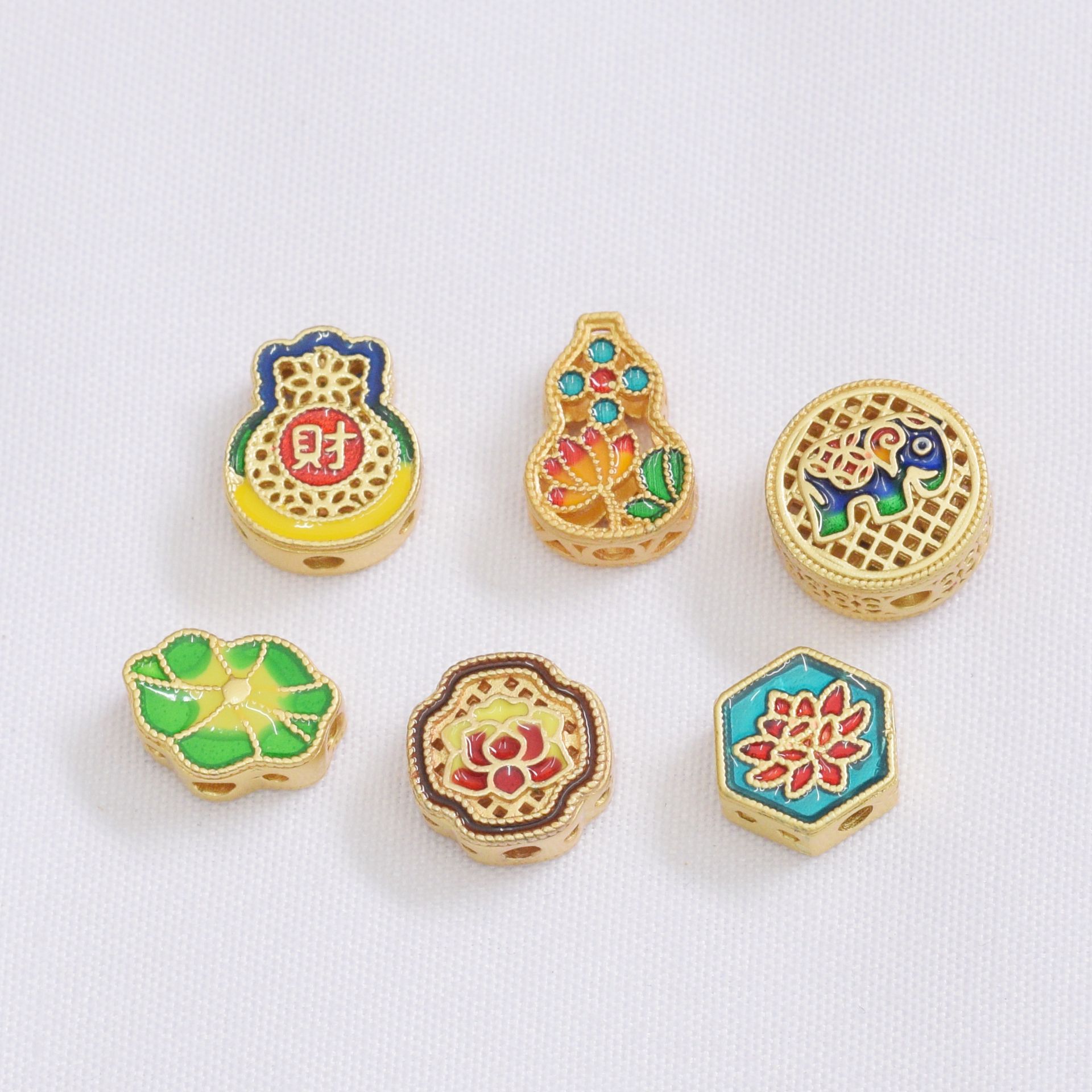 Wholesale Anti-Tarnish Ancient Gold Six-Character Mantra Hollow Spacer Beads, Enamel Lotus Leaf Flower Beads Pack of 10 for DIY Bracelet Pendant Jewelry Making