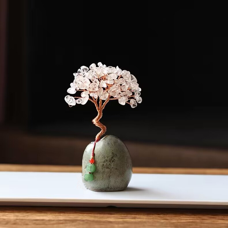 Natural Amethyst Citrine Crystal Money Tree Ornament, Handmade Copper Wire Fortune Tree with Ceramic Base, Mini Desk Decor for Home Office Tea Table, Lucky Wealth Feng Shui Gift